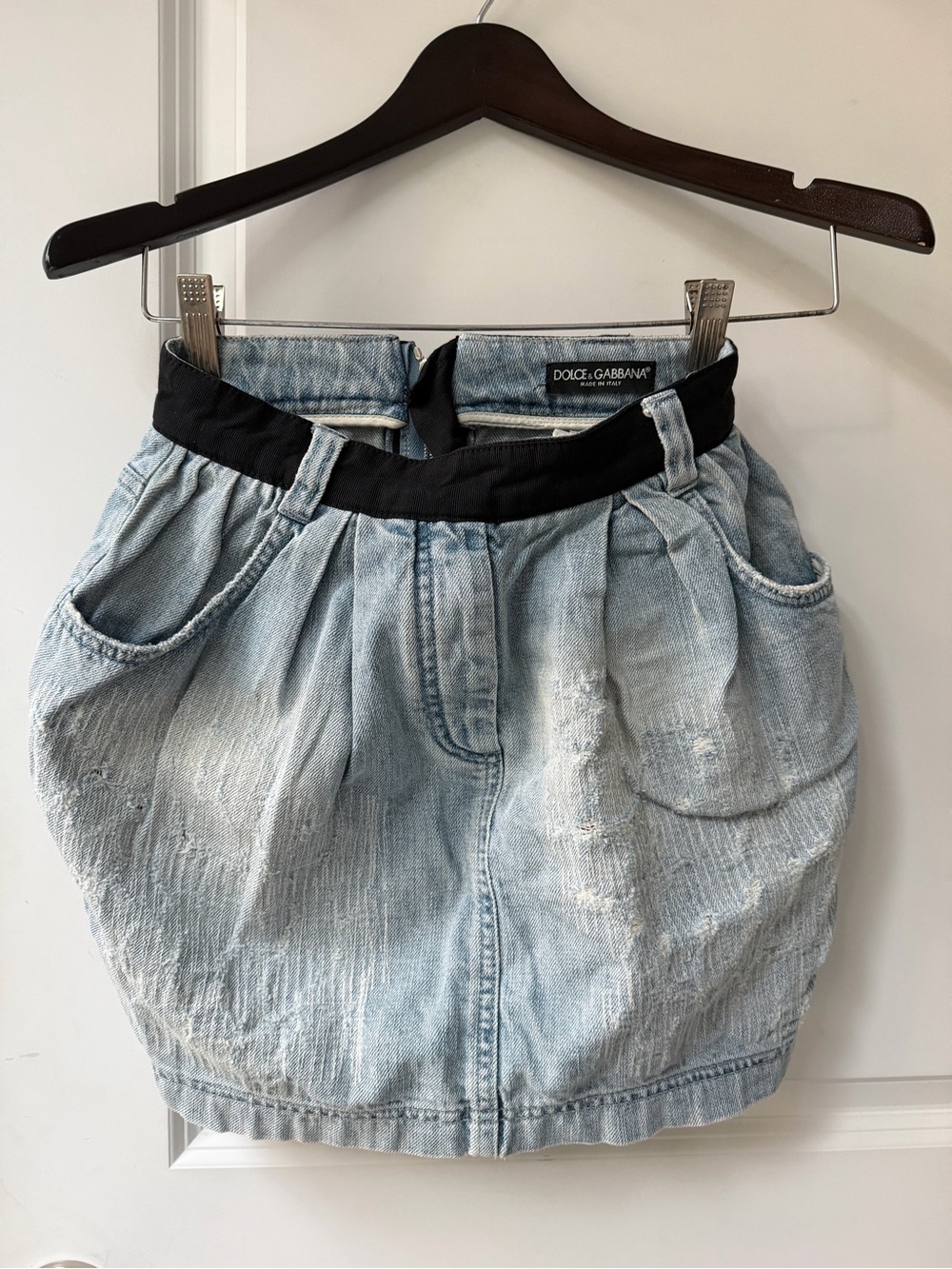 Dolce & Gabbana Light Blue Denim A-Line Skirt with Black Waistband